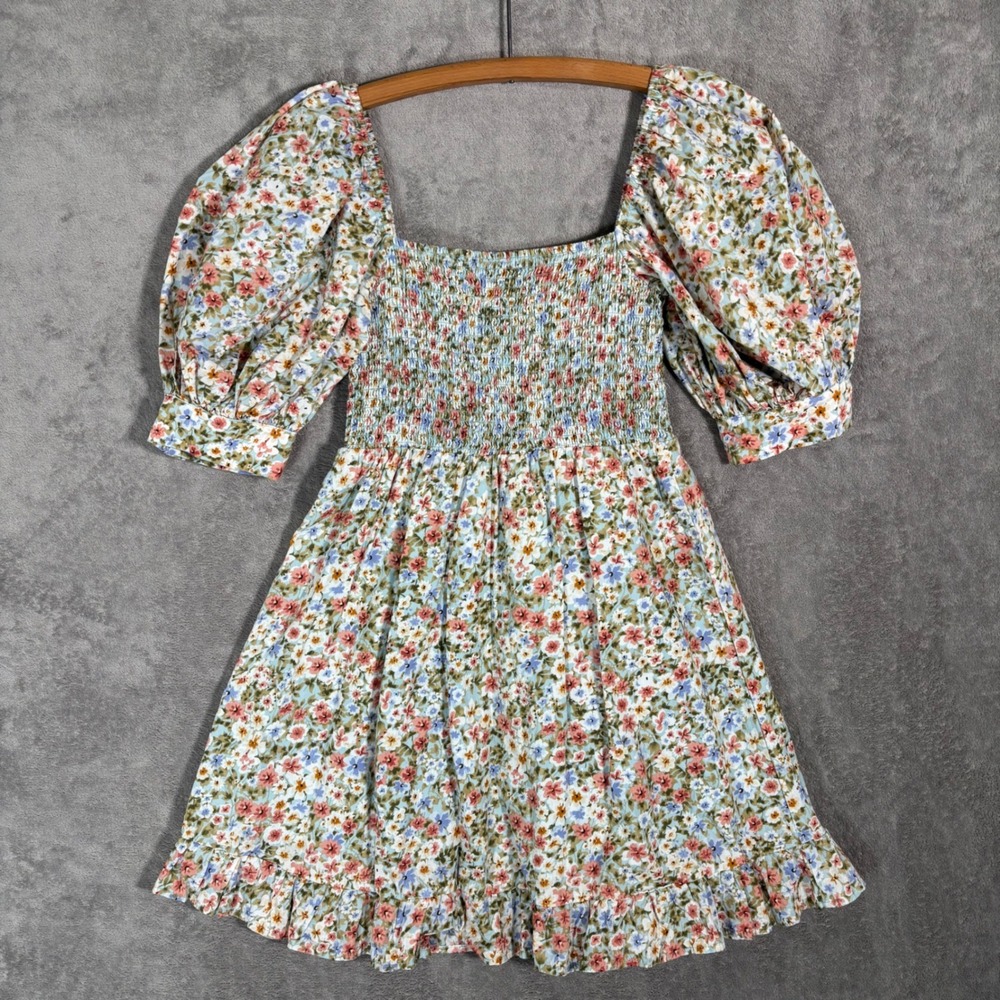 Kourt Floral Puff Sleeve Smocked Mini Dress Blue Pink Cotton Square Neck Medium